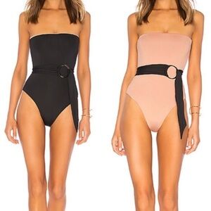 KYA SWIM Havana Reversible‎ Strapless One Piece Bathing Suit Swim Black Tan Rose